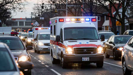 ambulance with flashing lights in heavy traffic generated with Z-Image