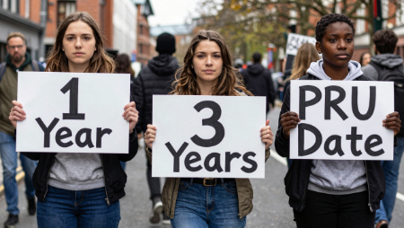 three youths holding signs one three pru