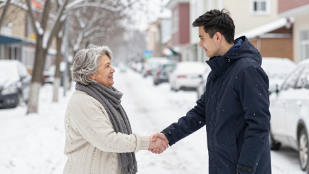 woman shaking hands with a man in winter scene generated with Z-Image